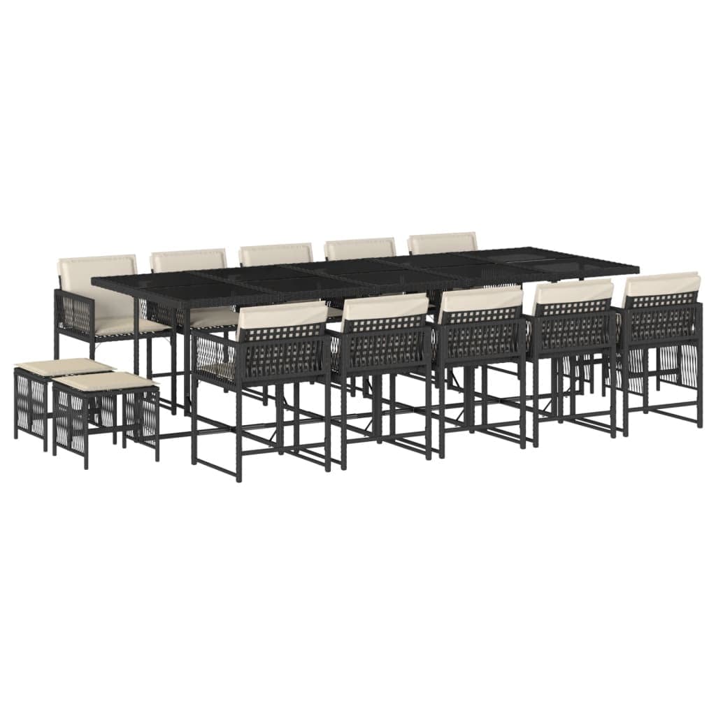 vidaXL 15 pcs conjunto de jantar p/jardim com almofadões vime PE preto