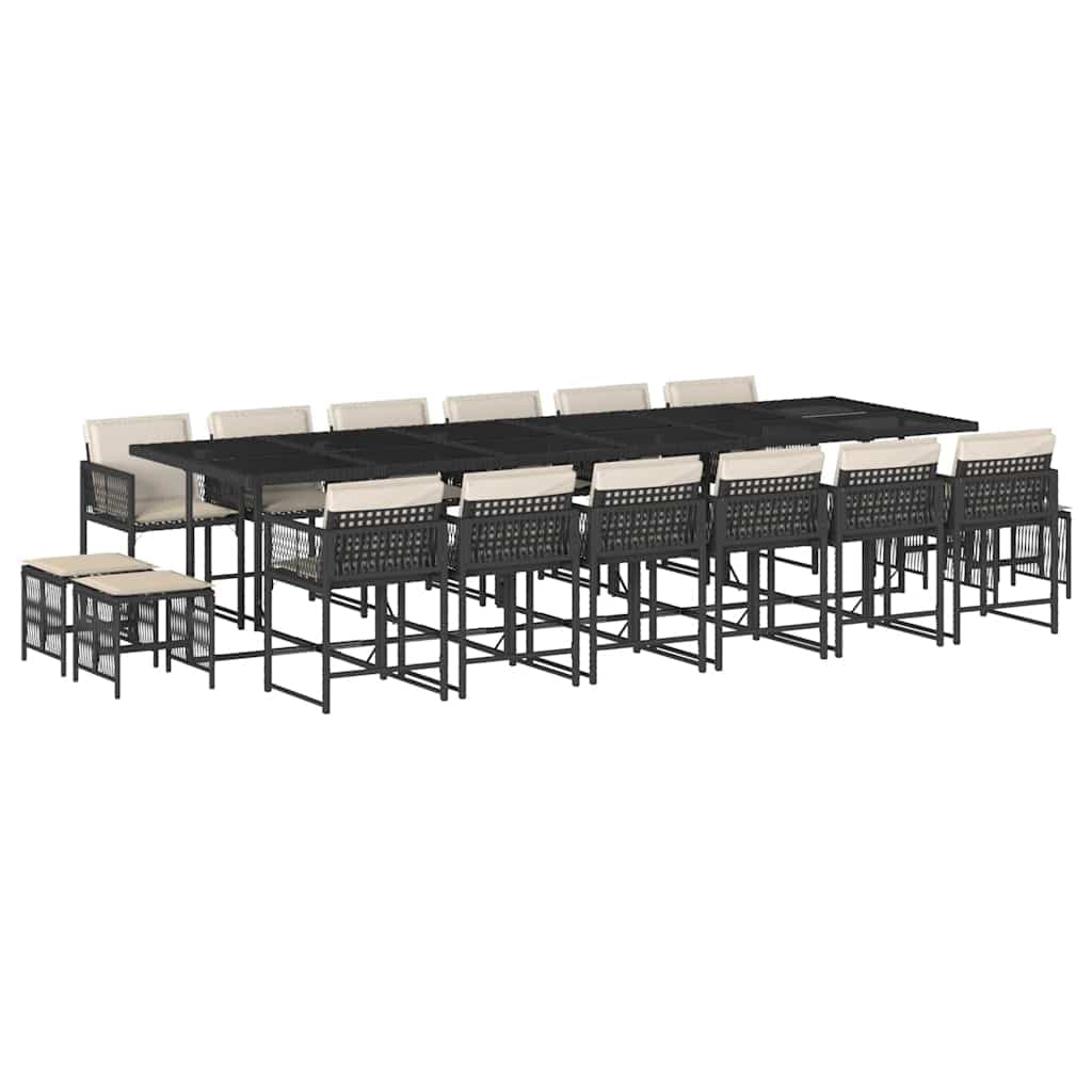 vidaXL 17 pcs conjunto de jantar p/ jardim c/ almofadões vime PE preto