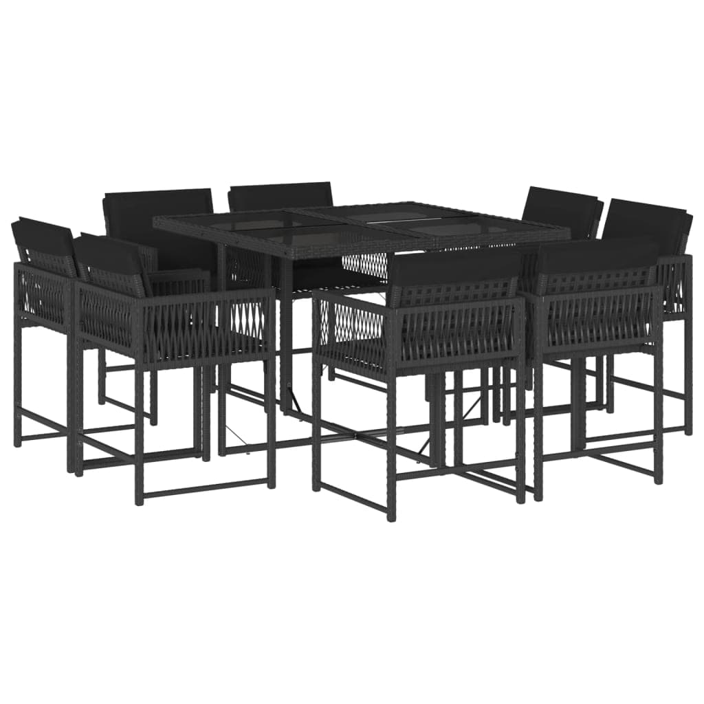 vidaXL 9 pcs conjunto de jantar p/ jardim c/ almofadões vime PE preto
