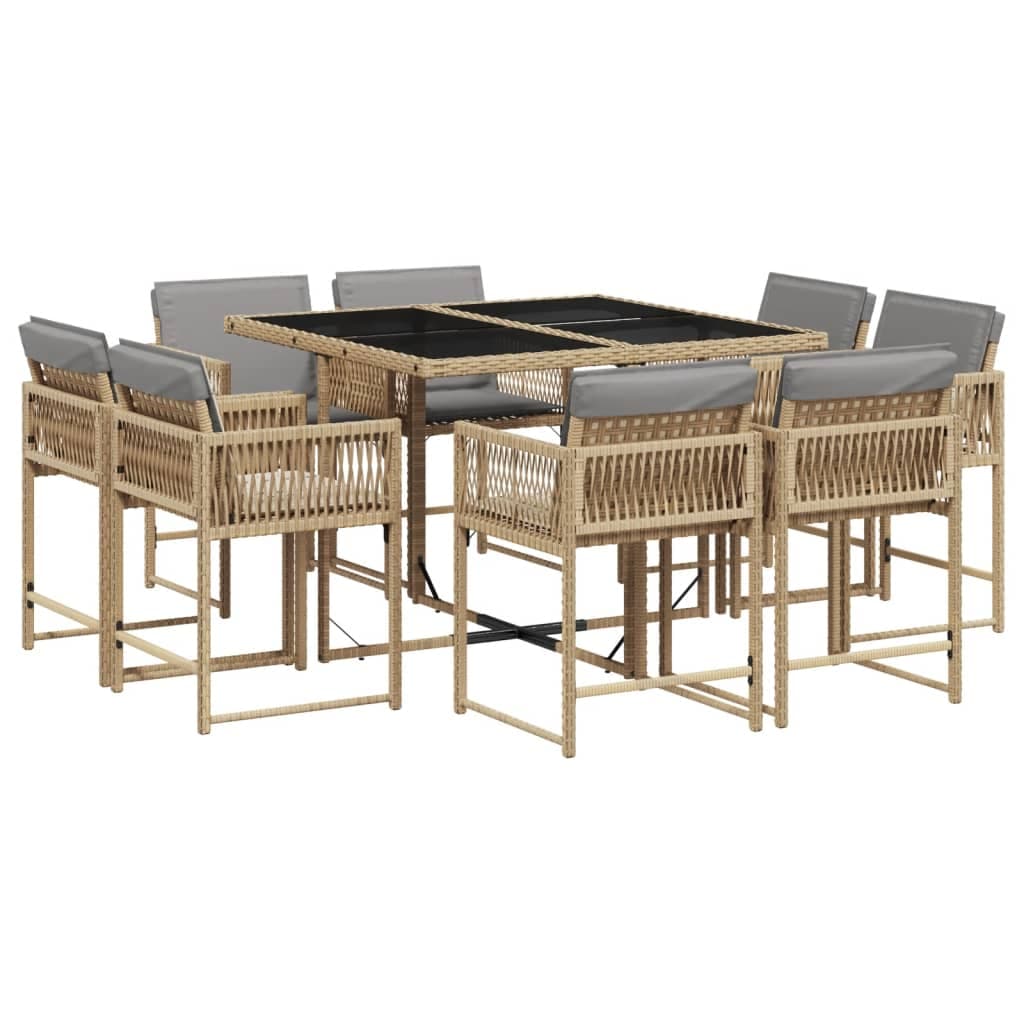 vidaXL 9 Peças Conjunto Jantar Jardim com Almofadões Vime Pe Bege Misturado - 3420593193