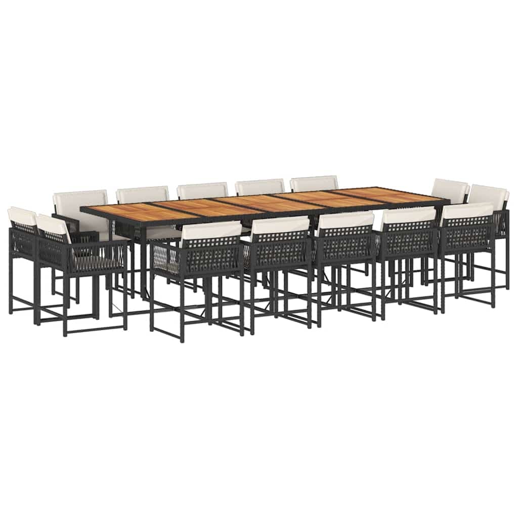vidaXL 15 pcs conjunto de jantar p/jardim com almofadões vime PE preto