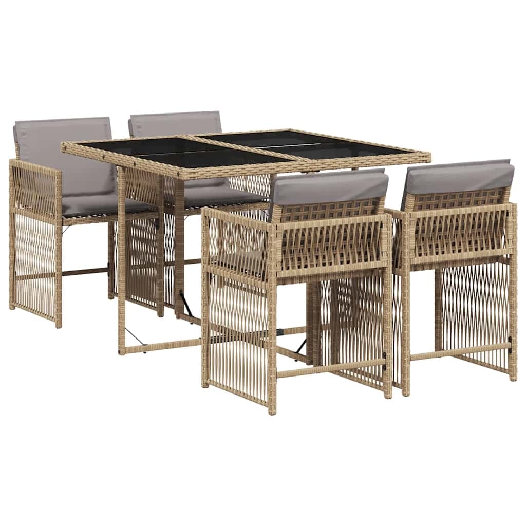 vidaXL 5pcs conj. jantar jardim c/ almofadões vime PE bege misturado