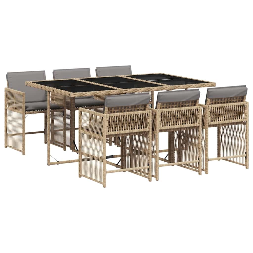 vidaXL 7 pcs conj. jantar jardim c/ almofadões vime PE bege misturado