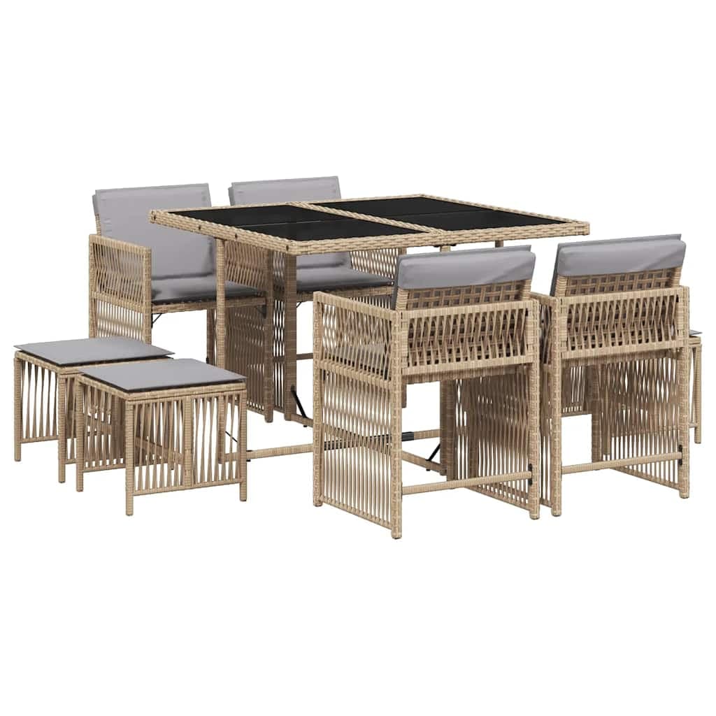 vidaXL 9 pcs conj. jantar jardim c/ almofadões vime PE bege misturado