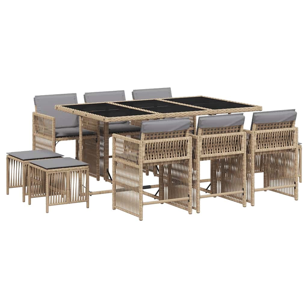 vidaXL 11 Peças Conjunto Jantar Jardim com Almofadões Vime Pe Bege Misturado - 2687688595