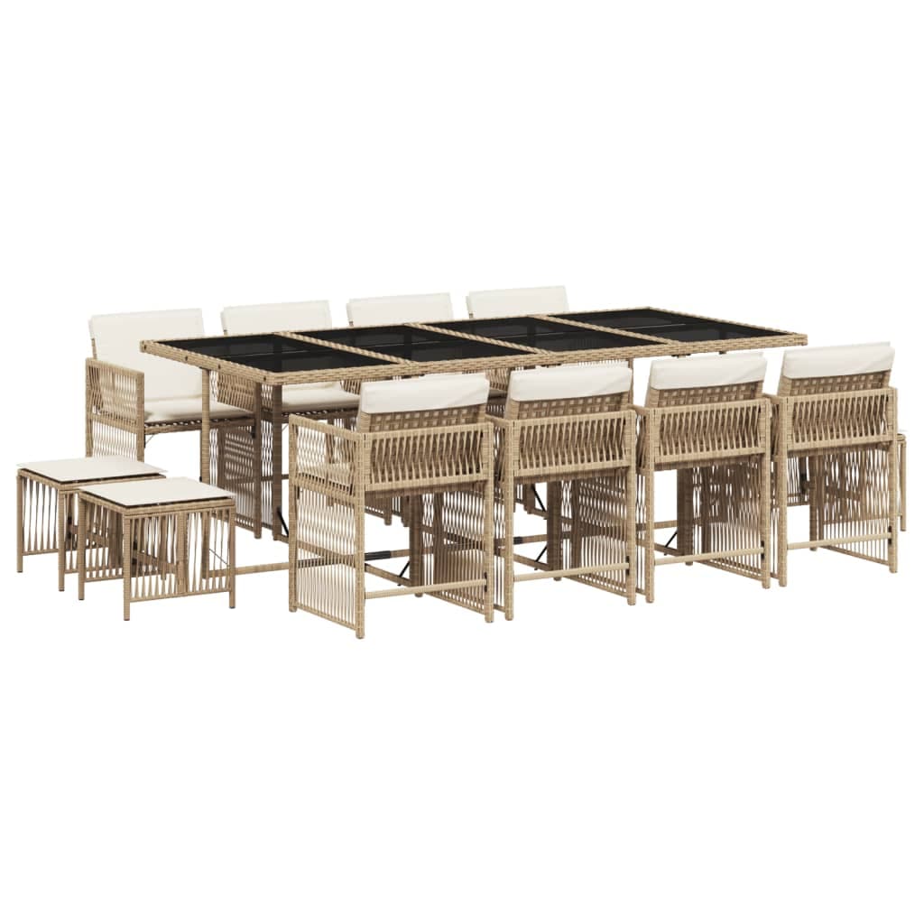 vidaXL 13 pcs conjunto de jantar p/ jardim com almofadões vime PE bege