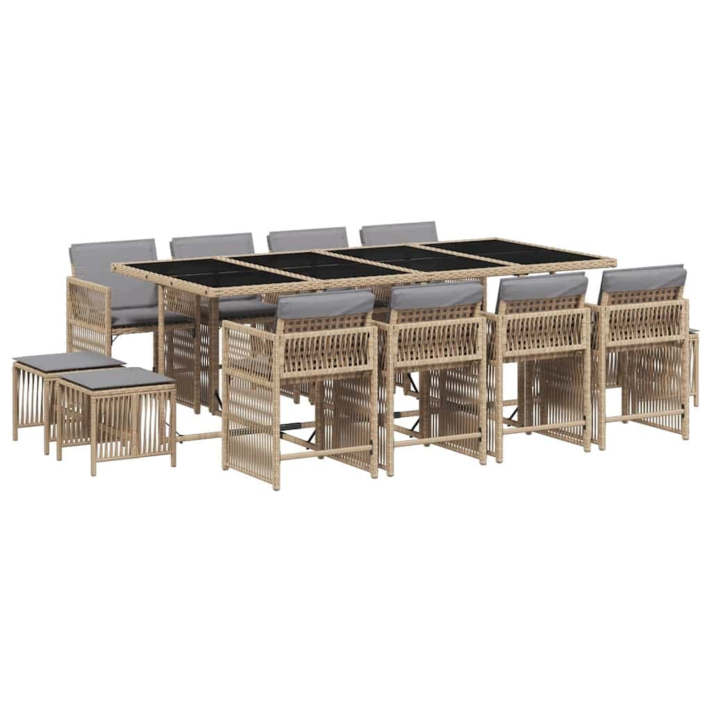 vidaXL 13 Peças Conjunto Jantar Jardim com Almofadões Vime Pe Bege Misturado - 2572266456