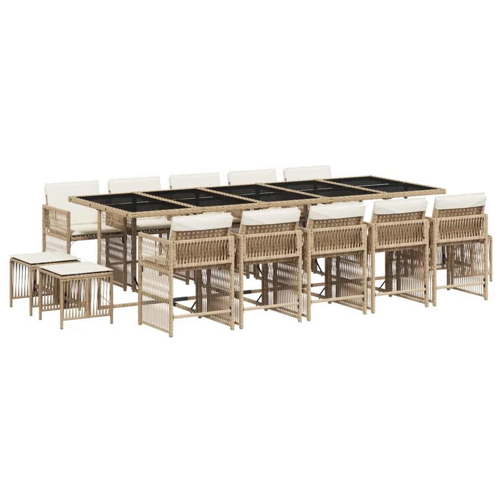 vidaXL 15 Peças Conjunto de Jantar para Jardim com Almofadões Vime Pe Bege - 2152372889
