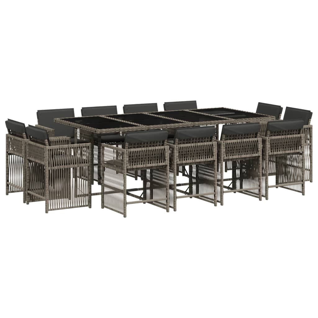 vidaXL 13 Peças Conjunto Jantar para Jardim com Almofadões Vime Pe Cinzento - 3362179143