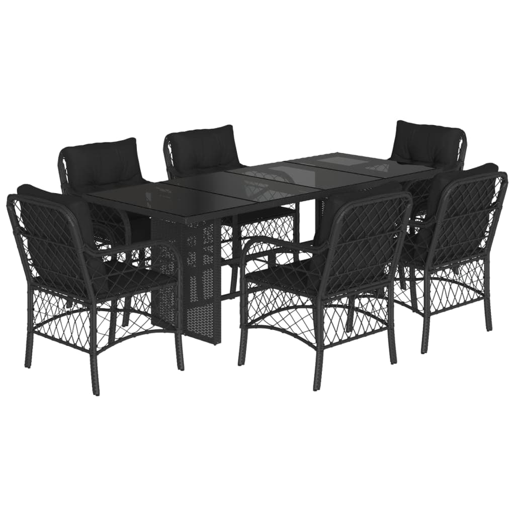 vidaXL 7 pcs conjunto de jantar p/ jardim c/ almofadões vime PE preto