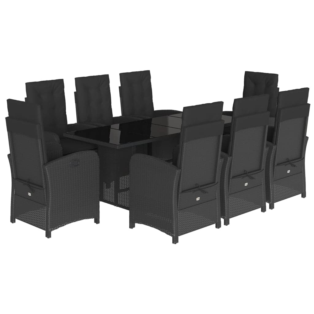 vidaXL 9 pcs conjunto de jantar p/ jardim c/ almofadões vime PE preto