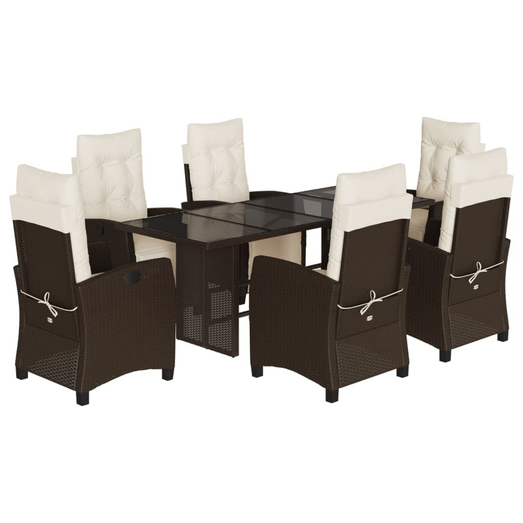 vidaXL 7 pcs conjunto jantar p/ jardim c/ almofadões vime PE castanho