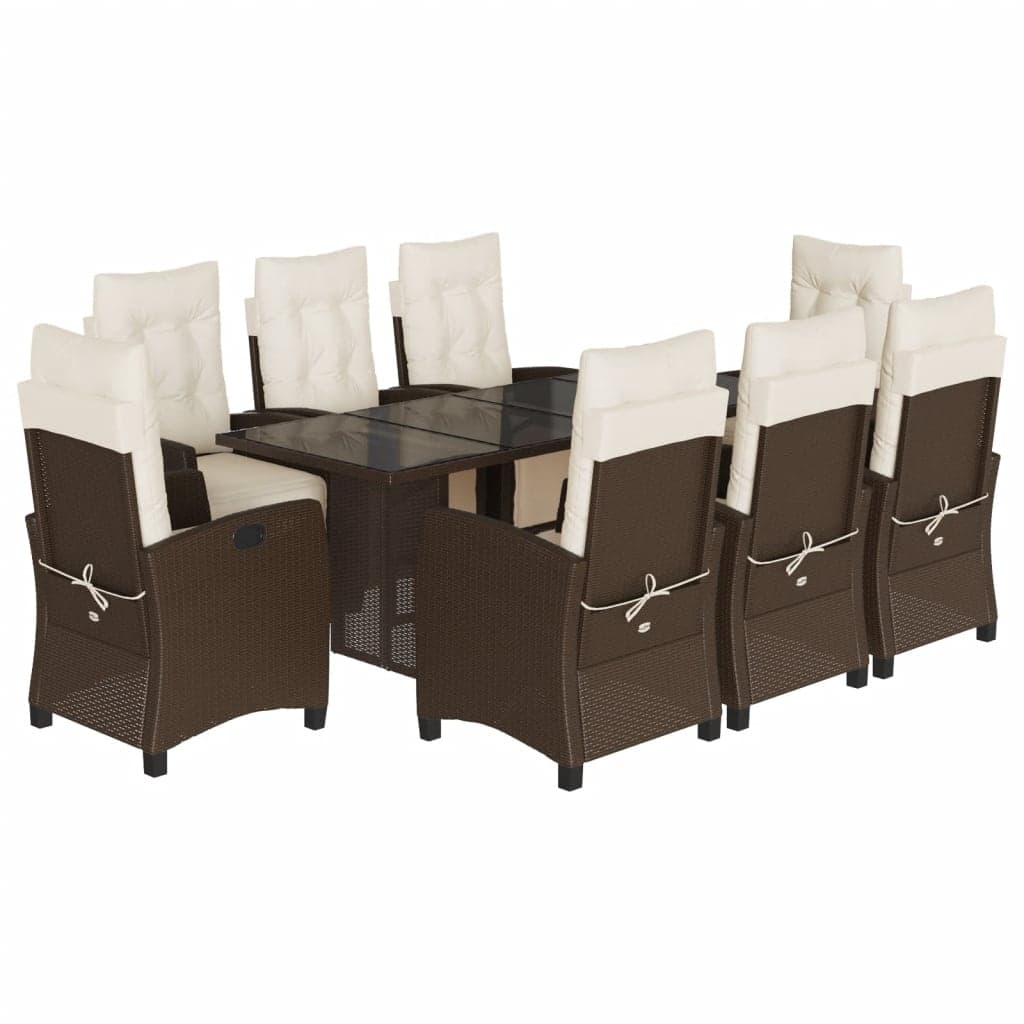 vidaXL 9 Peças Conjunto Jantar para Jardim com Almofadões Vime Pe Castanho - 757653021