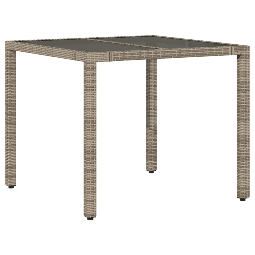 vidaXL Mesa de jardim com tampo de vidro 90x90x75 cm vime PE cinzento