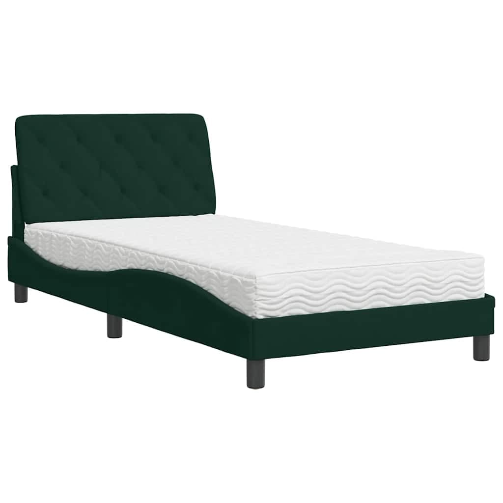 vidaXL Cama com colchão 100x200 cm veludo verde-escuro