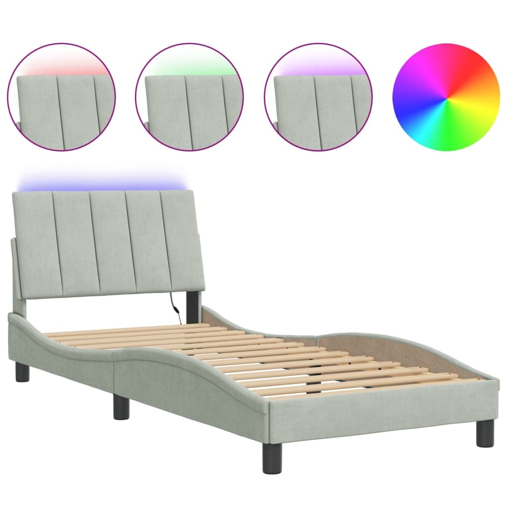 vidaXL Estrutura de Cama com Luzes led 90x200 cm Veludo Cinzento-claro - 3609642668