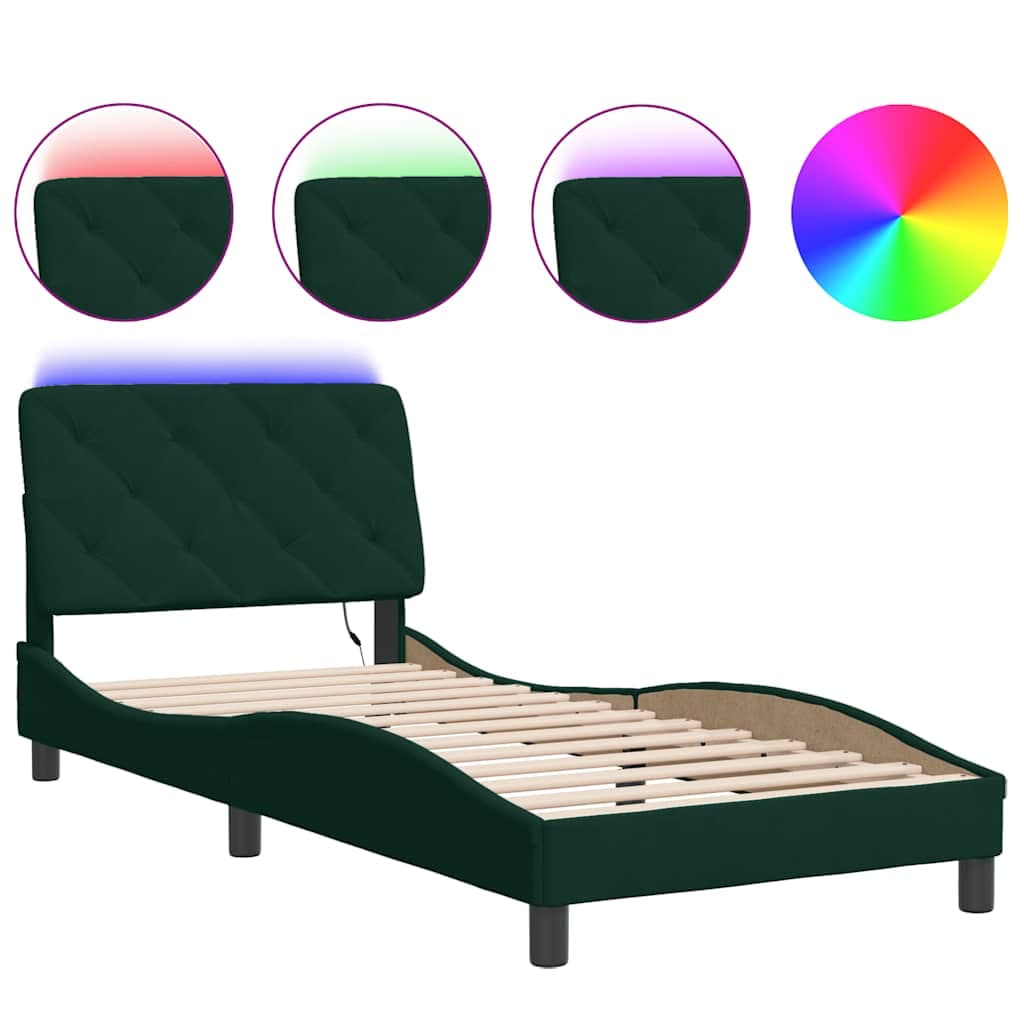 vidaXL Estrutura de cama com LED sem colchão 90x190 cm veludo verde-escuro