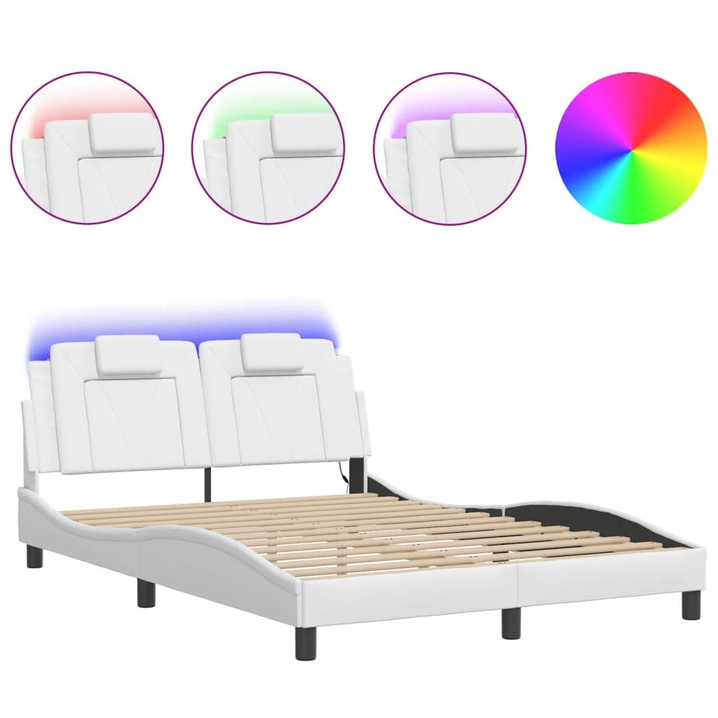 vidaXL Estrutura de Cama com Luzes led 140x200 cm Couro Artificial Branco - 127056462