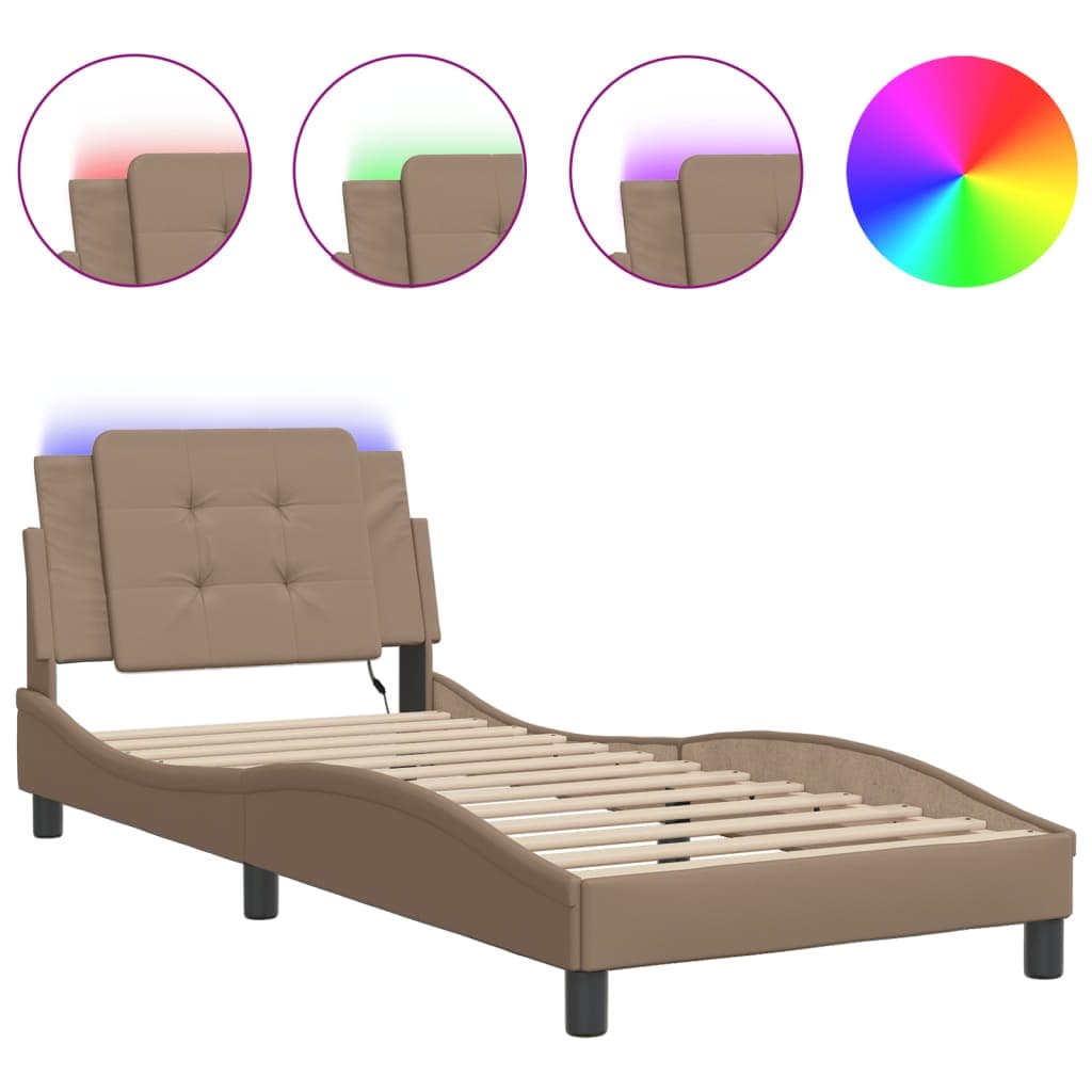 vidaXL Estrutura de Cama com Luzes led 90x200cm Couro Artificial Cappuccino - 2367137355
