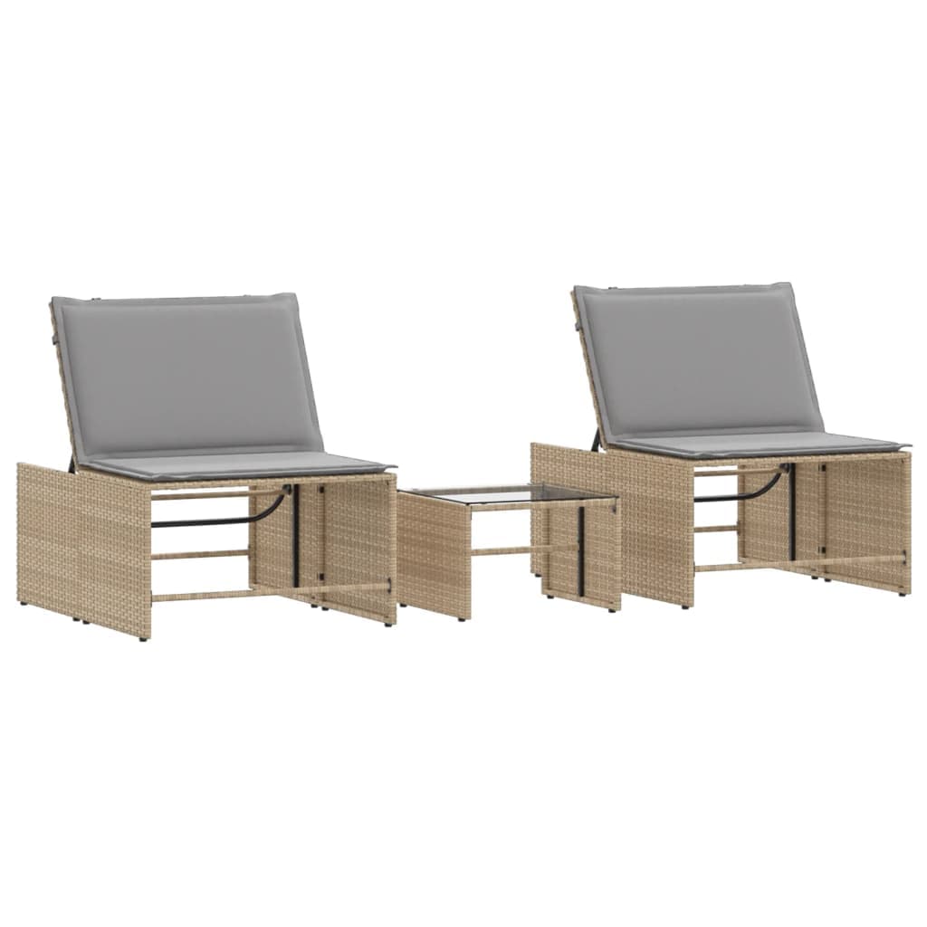 vidaXL Espreguiçadeiras modulares com mesa 2 pcs vime PE bege