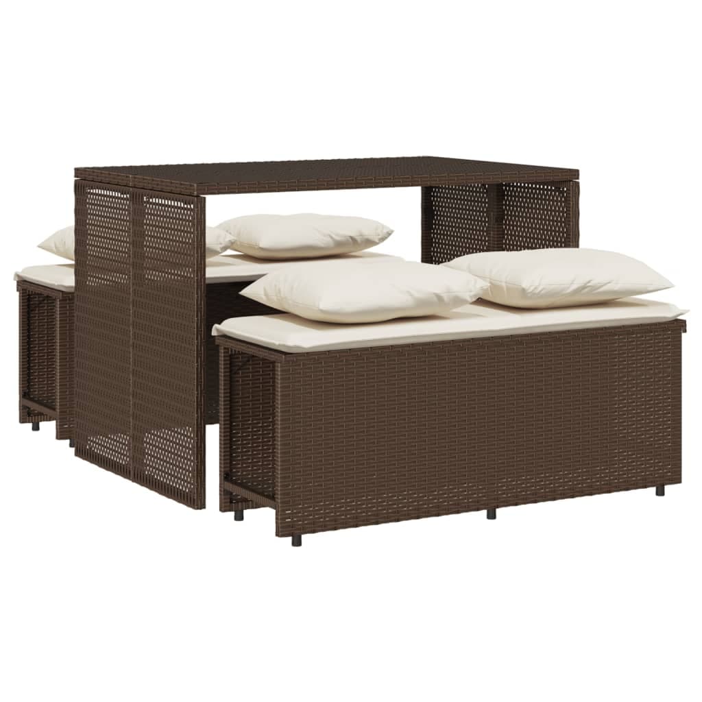 vidaXL 3 pcs conjunto jantar p/ jardim c/ almofadões vime PE castanho