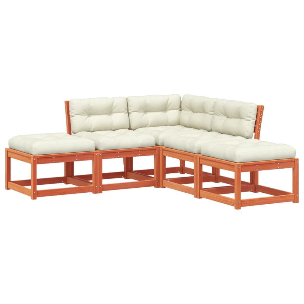 vidaXL 5 Peças Conjunto Sofás Jardim + Almofadões Pinho Maciço Castanho-mel - 3242936407