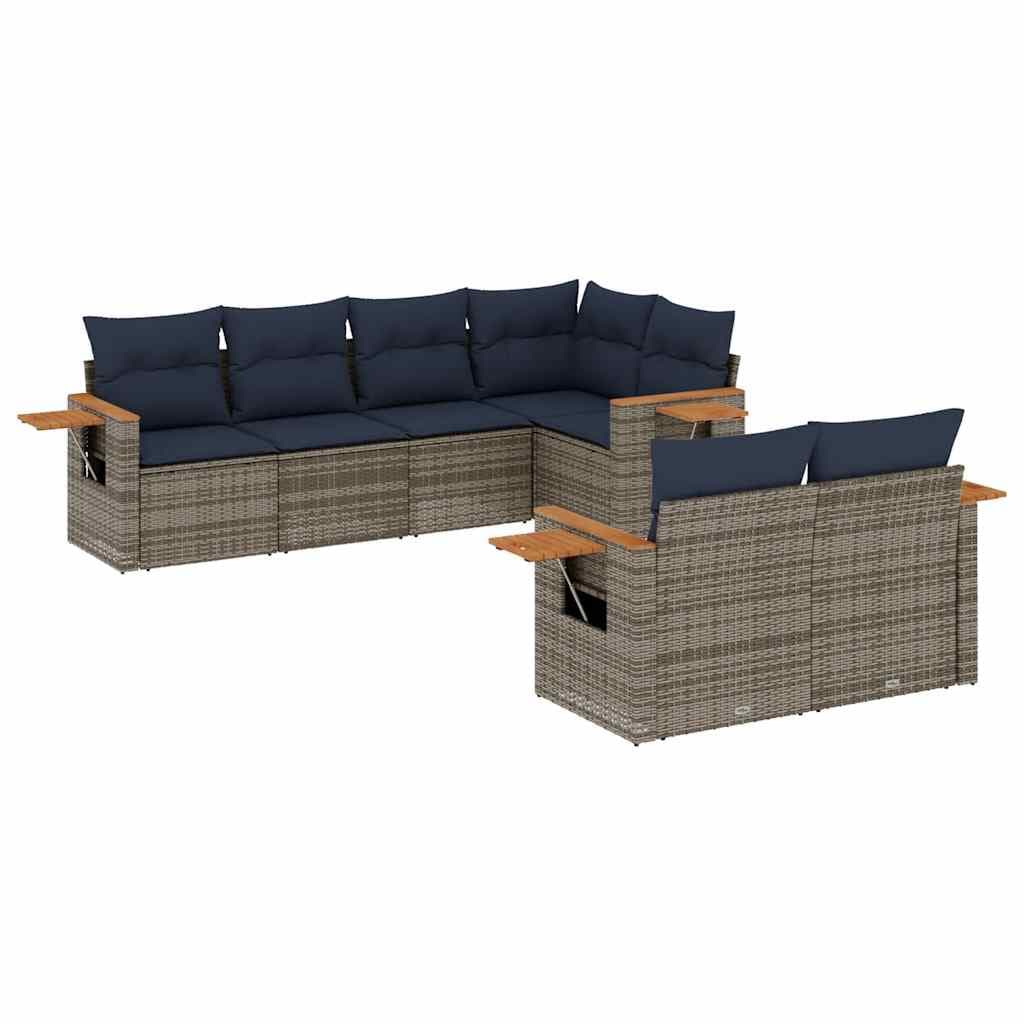 vidaXL 7 Peças Conjunto Sofás para Jardim com Almofadões Vime Pe Cinzento - 4133912101