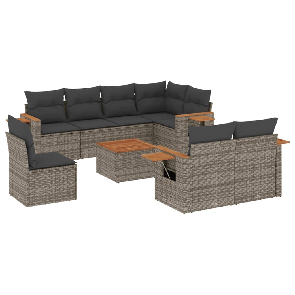 vidaXL 9 pcs conjunto sofás p/ jardim com almofadões vime PE cinzento