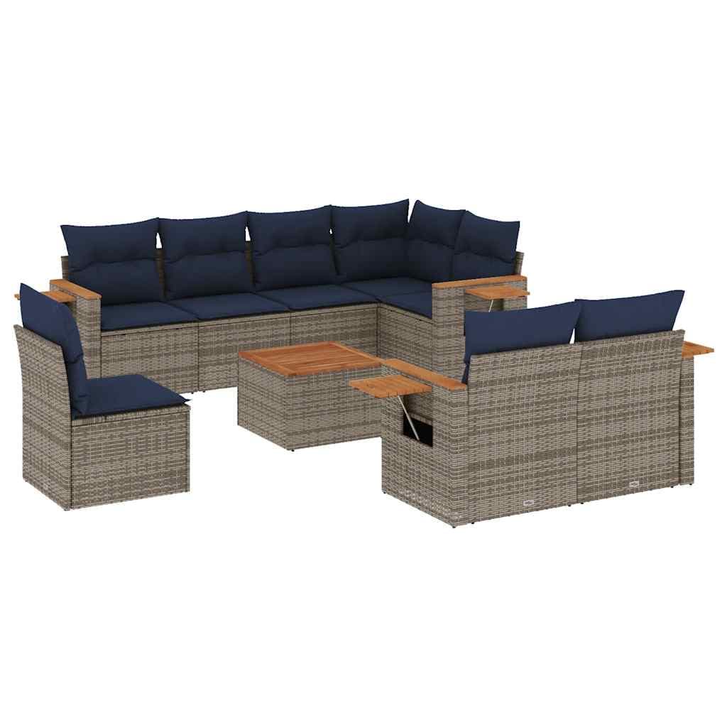 vidaXL 9 Peças Conjunto Sofás para Jardim com Almofadões Vime Pe Cinzento - 2041199795