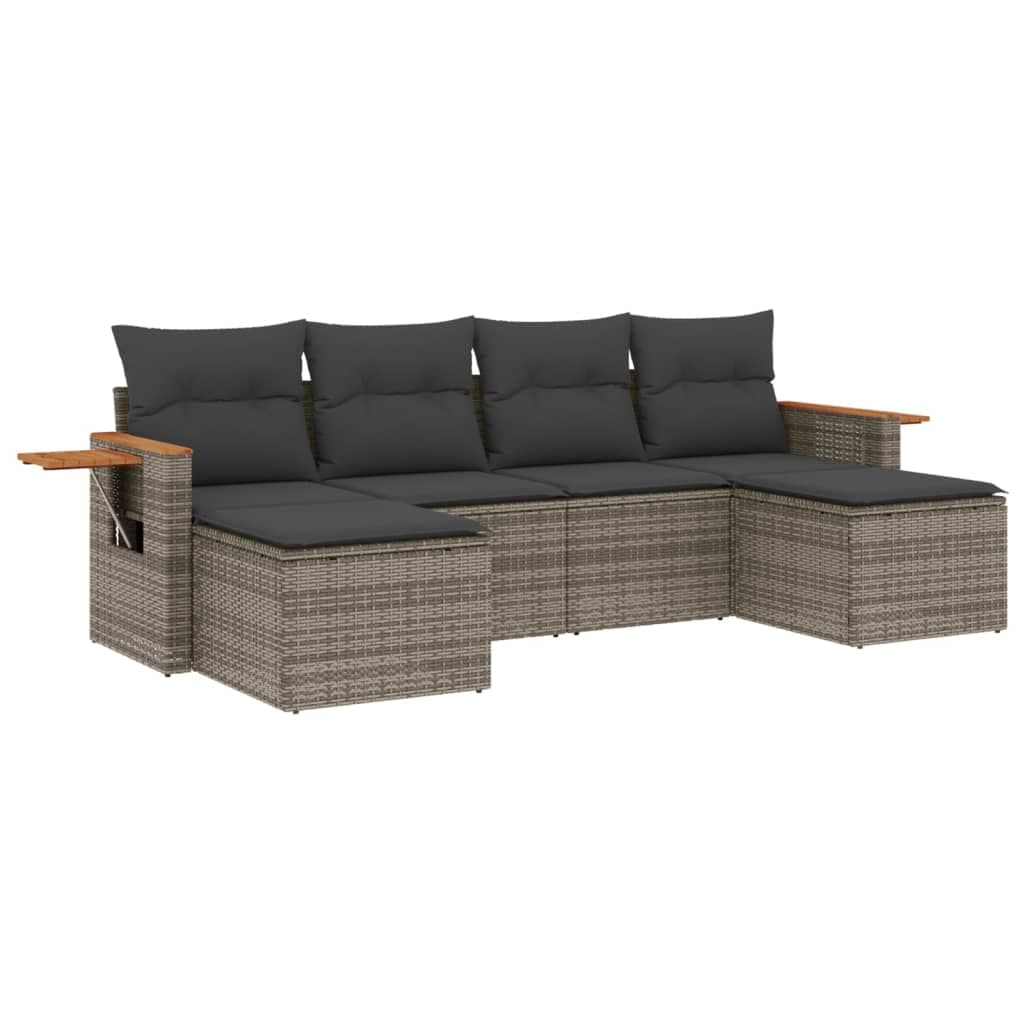 vidaXL 6 Peças Conjunto Sofás de Jardim com Almofadões Vime Cinzento - 3638938456