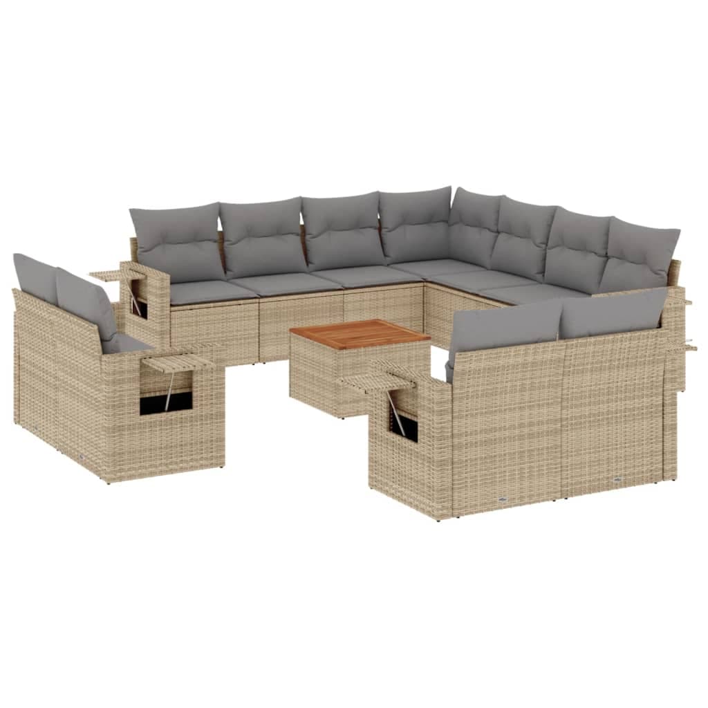 vidaXL 12 Peças Conjunto de Sofás para Jardim com Almofadões Vime Pe Bege - 1229739327