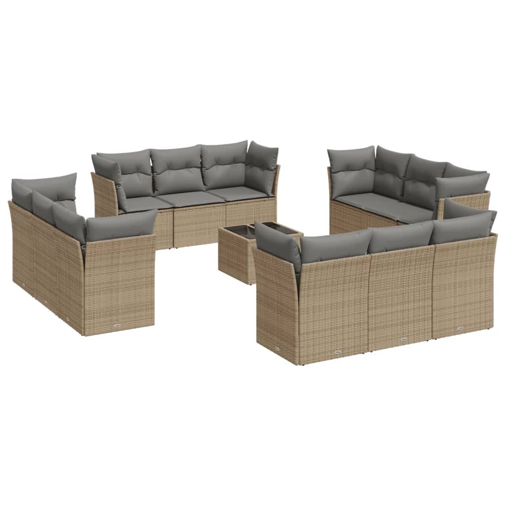 vidaXL 13 Peças Conjunto de Sofás para Jardim com Almofadões Vime Pe Bege - 3598690841