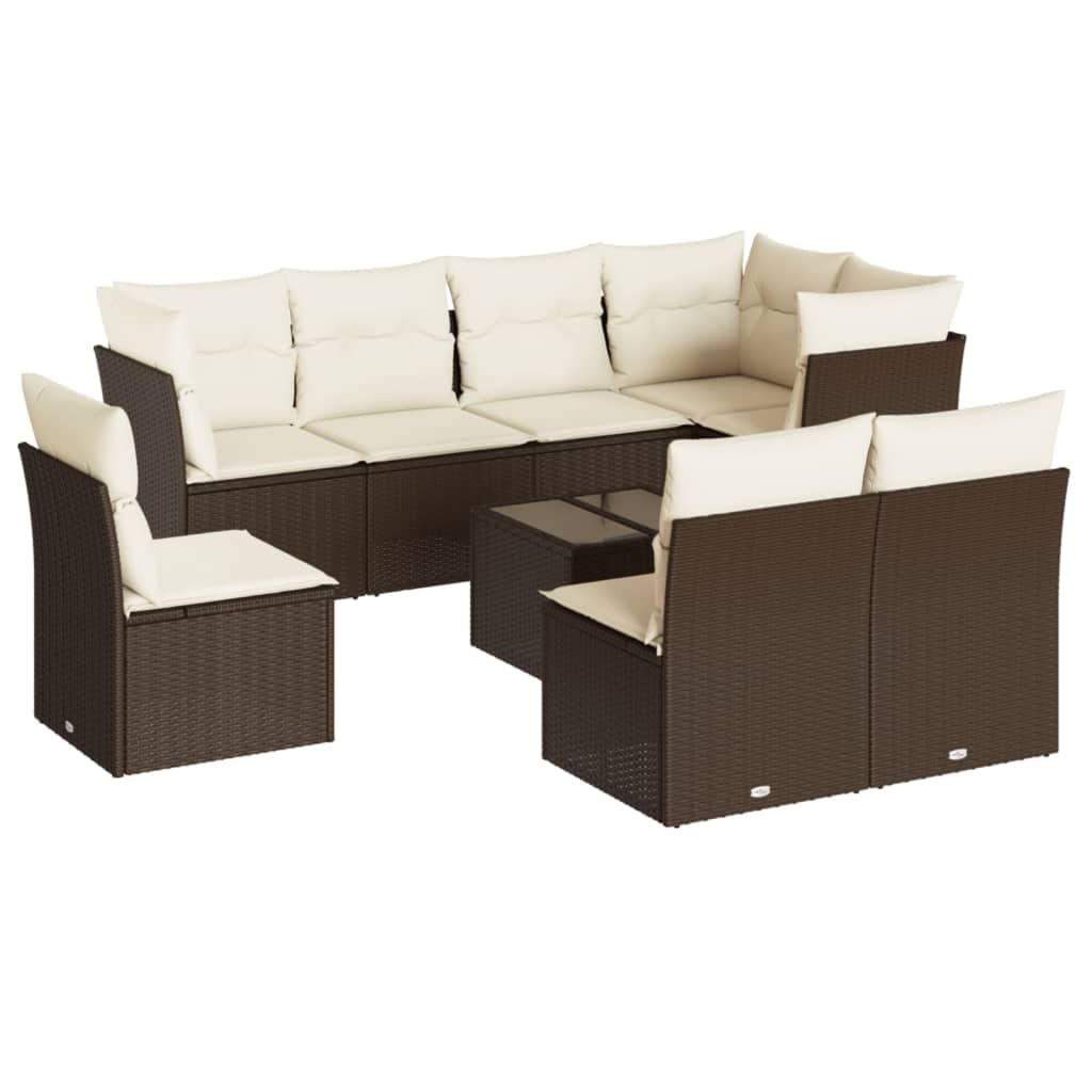 vidaXL 9 Peças Conjunto Sofás para Jardim com Almofadões Vime Pe Castanho - 1707078148