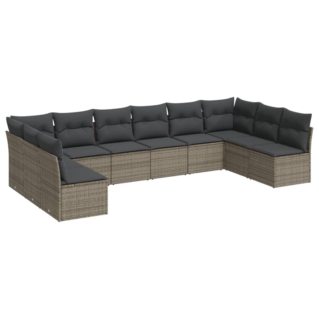vidaXL 10 Peças Conjunto Sofás de Jardim com Almofadões Vime Pe Cinzento - 3525066610