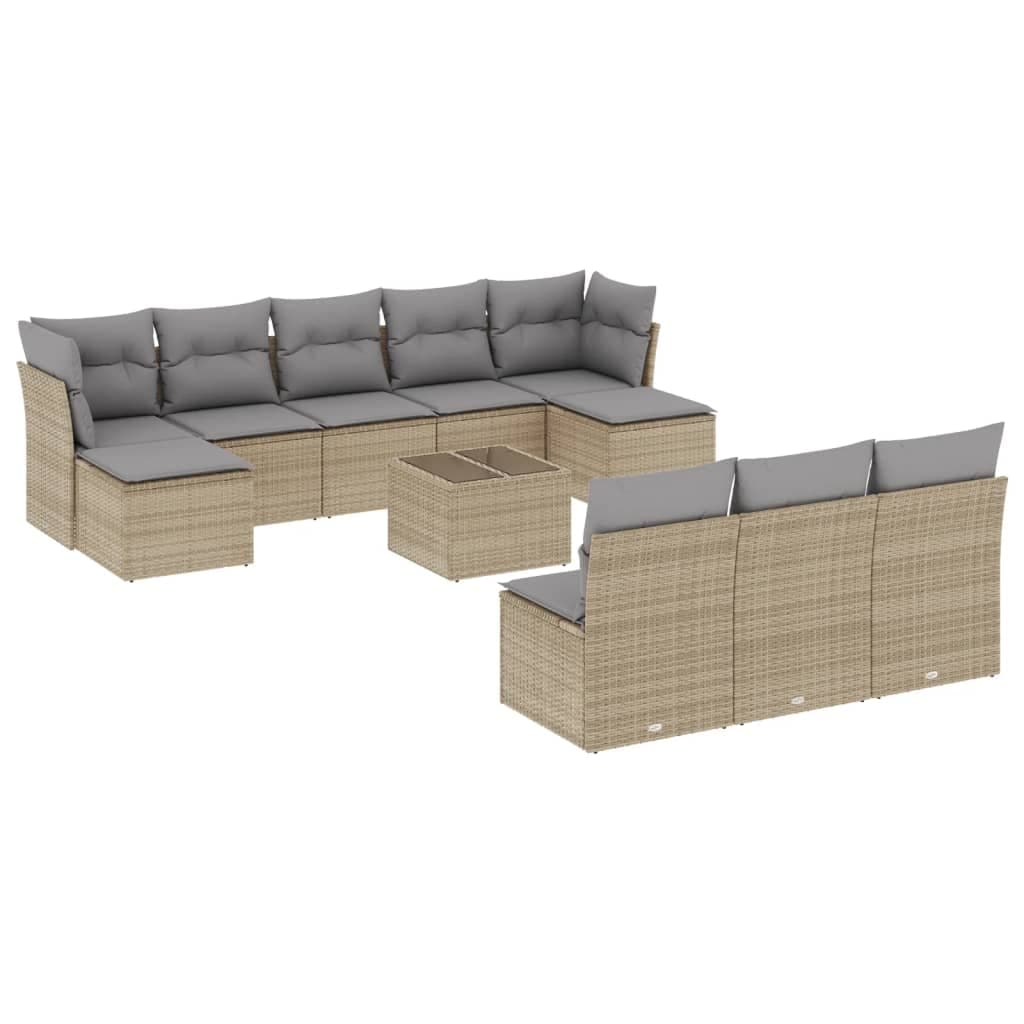 vidaXL 11 Peças Conjunto Sofás de Jardim com Almofadões Vime Pe Bege - 4068149543