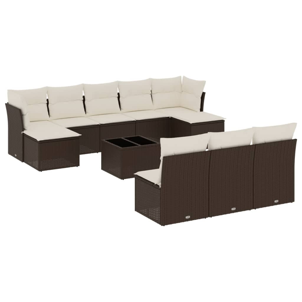 vidaXL 11 Peças Conjunto Sofás de Jardim com Almofadões Vime Pe Castanho - 1575974654
