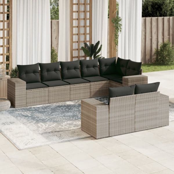 vidaXL 8 Peças Conjunto Sofás Jardim com Almofadões Vime Pe Cinzento-claro - 2235871190