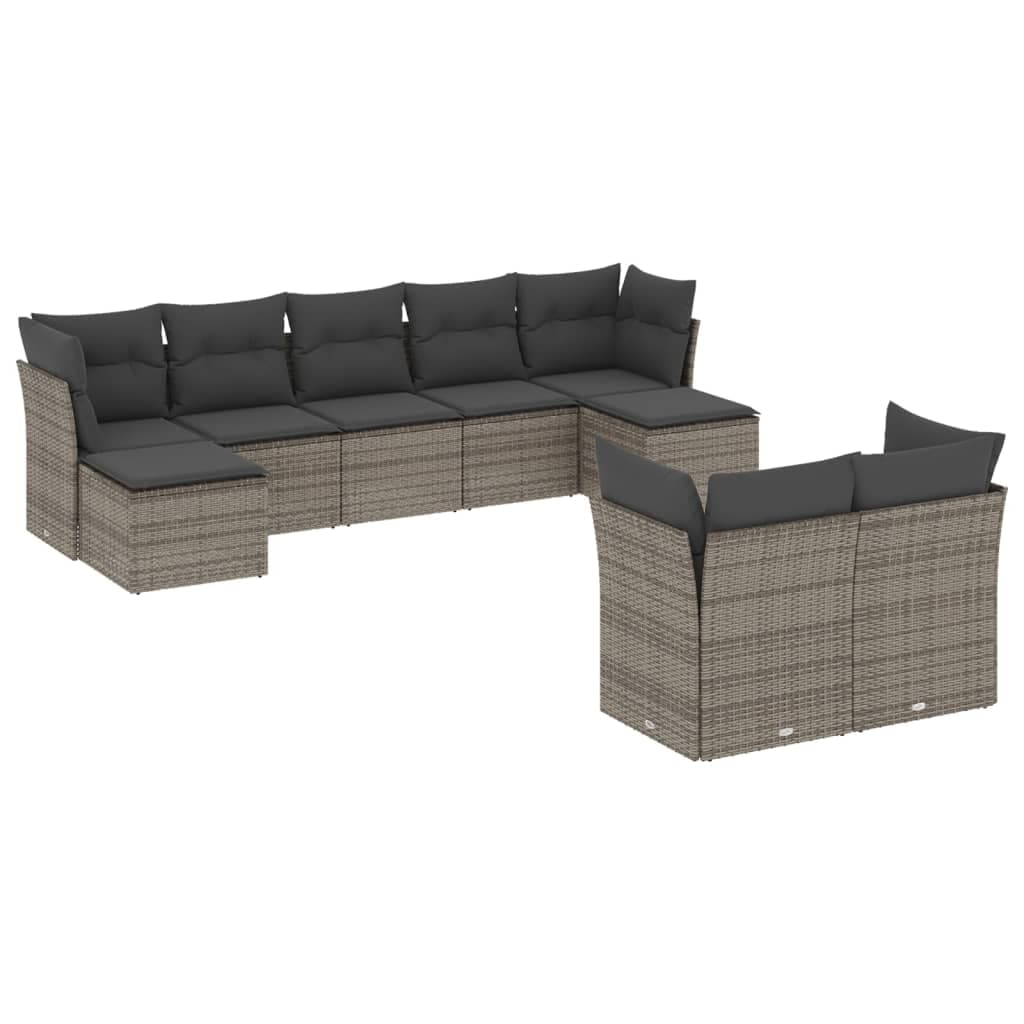 vidaXL 9 Peças Conjunto Sofás para Jardim com Almofadões Vime Pe Cinzento - 4247173590