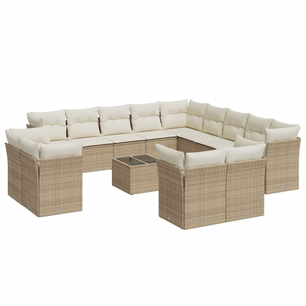 vidaXL 14 Peças Conjunto de Sofás para Jardim com Almofadões Vime Pe Bege - 2468120658