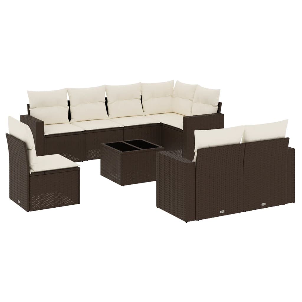 vidaXL 9 Peças Conjunto Sofás para Jardim com Almofadões Vime Pe Castanho - 2686849403