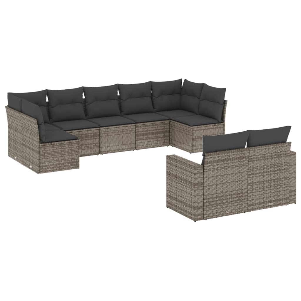 vidaXL 9 Peças Conjunto Sofás para Jardim com Almofadões Vime Pe Cinzento - 1087752246