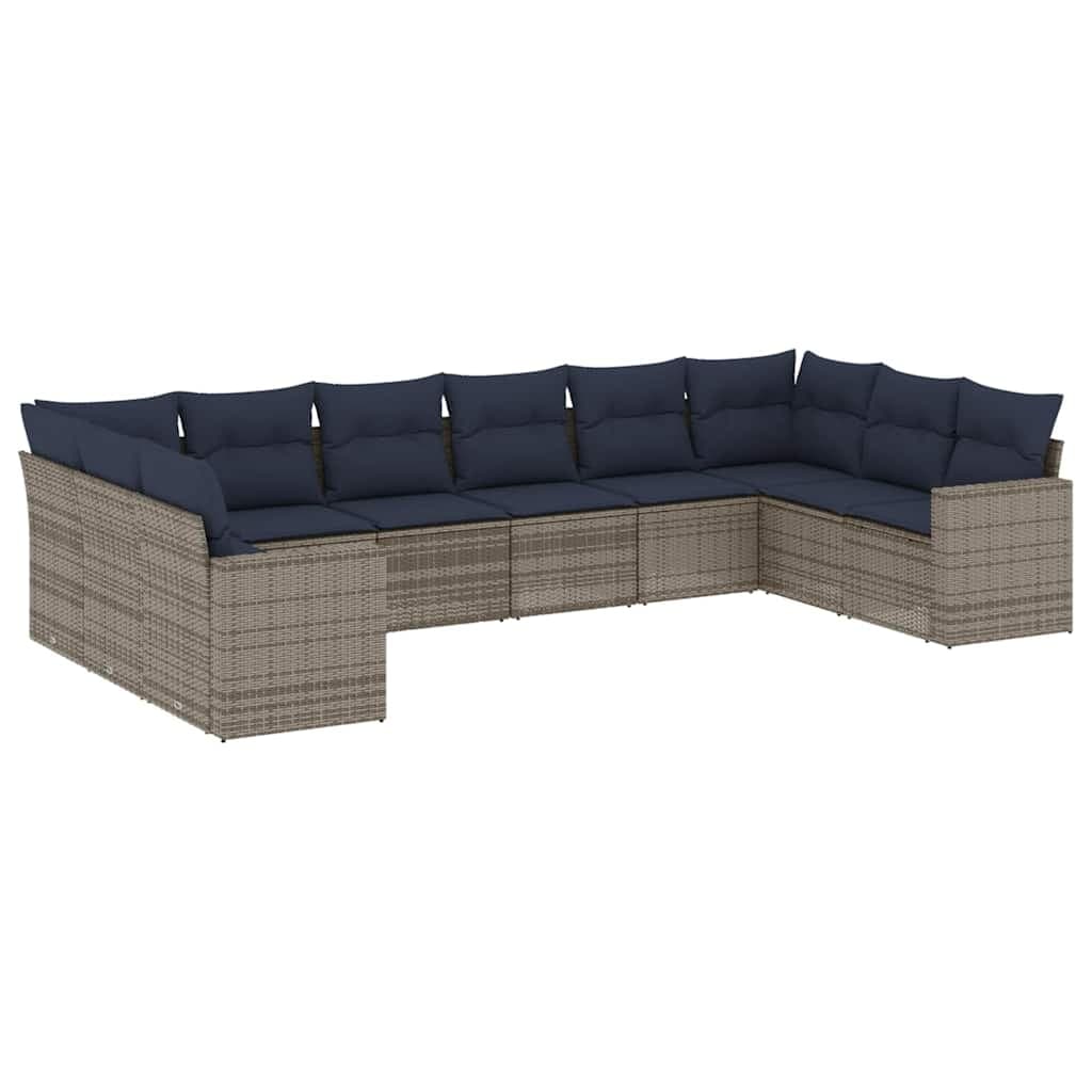 vidaXL 10 Peças Conjunto Sofás para Jardim com Almofadões Vime Pe Cinzento - 2022927975