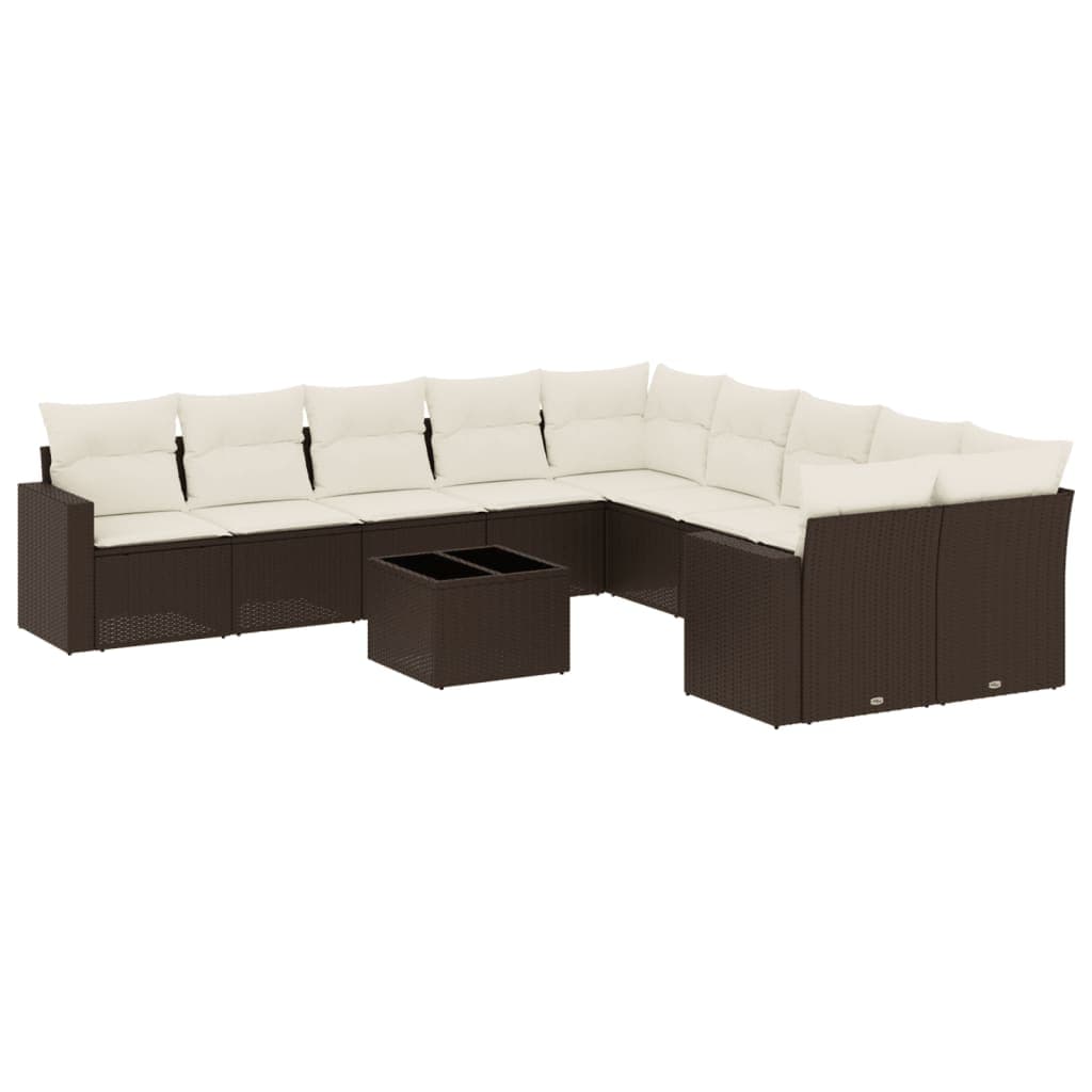 vidaXL 11 Peças Conjunto Sofás de Jardim com Almofadões Vime Pe Castanho - 3625907131