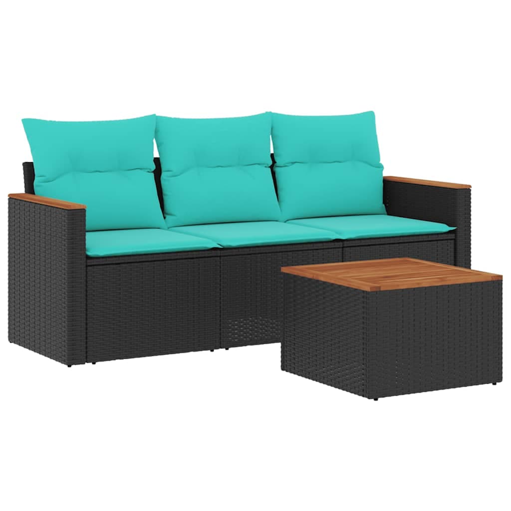 vidaXL Conjunto de sofá de jardim com 4 peças e almofadas em rattan sintético preto