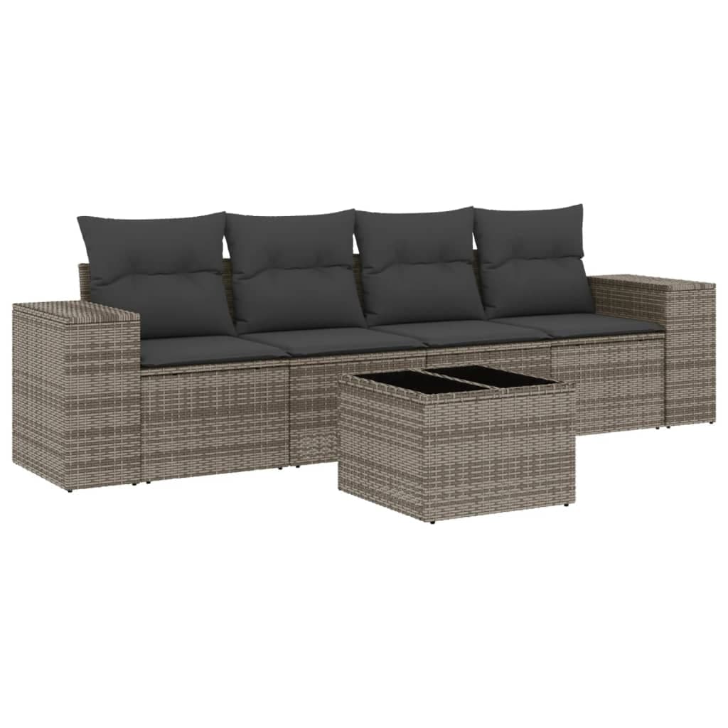 vidaXL 5 Peças Conjunto Sofás de Jardim com Almofadões Vime Pe Cinzento - 4059210789