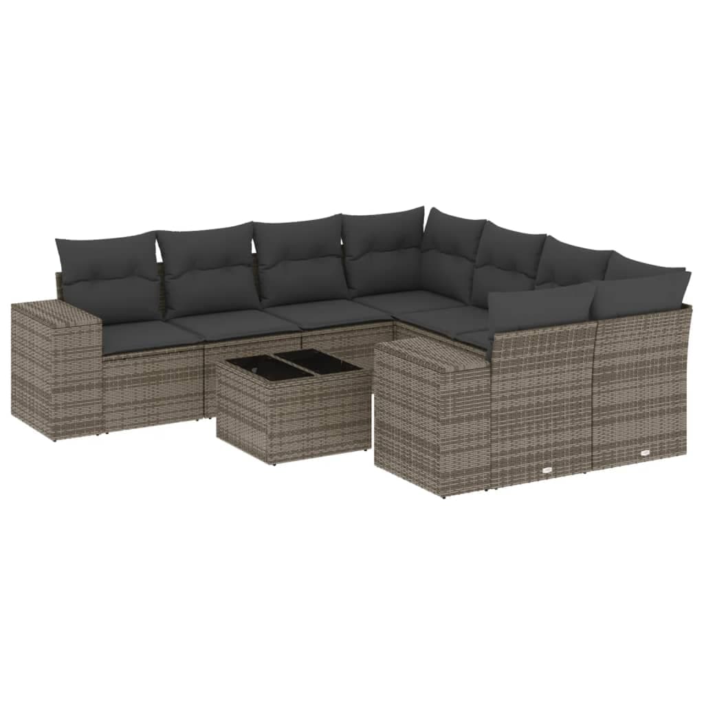 vidaXL 9 Peças Conjunto Sofás para Jardim com Almofadões Vime Pe Cinzento - 302415342