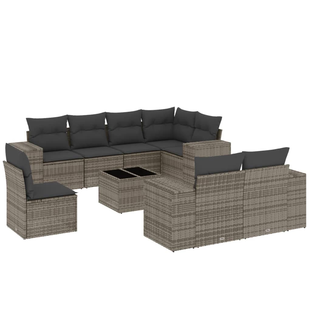 vidaXL 9 pcs conjunto sofás p/ jardim com almofadões vime PE cinzento