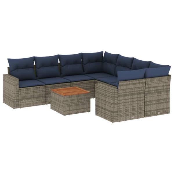 vidaXL 9 Peças Conjunto Sofás para Jardim com Almofadões Vime Pe Cinzento - 2696053462