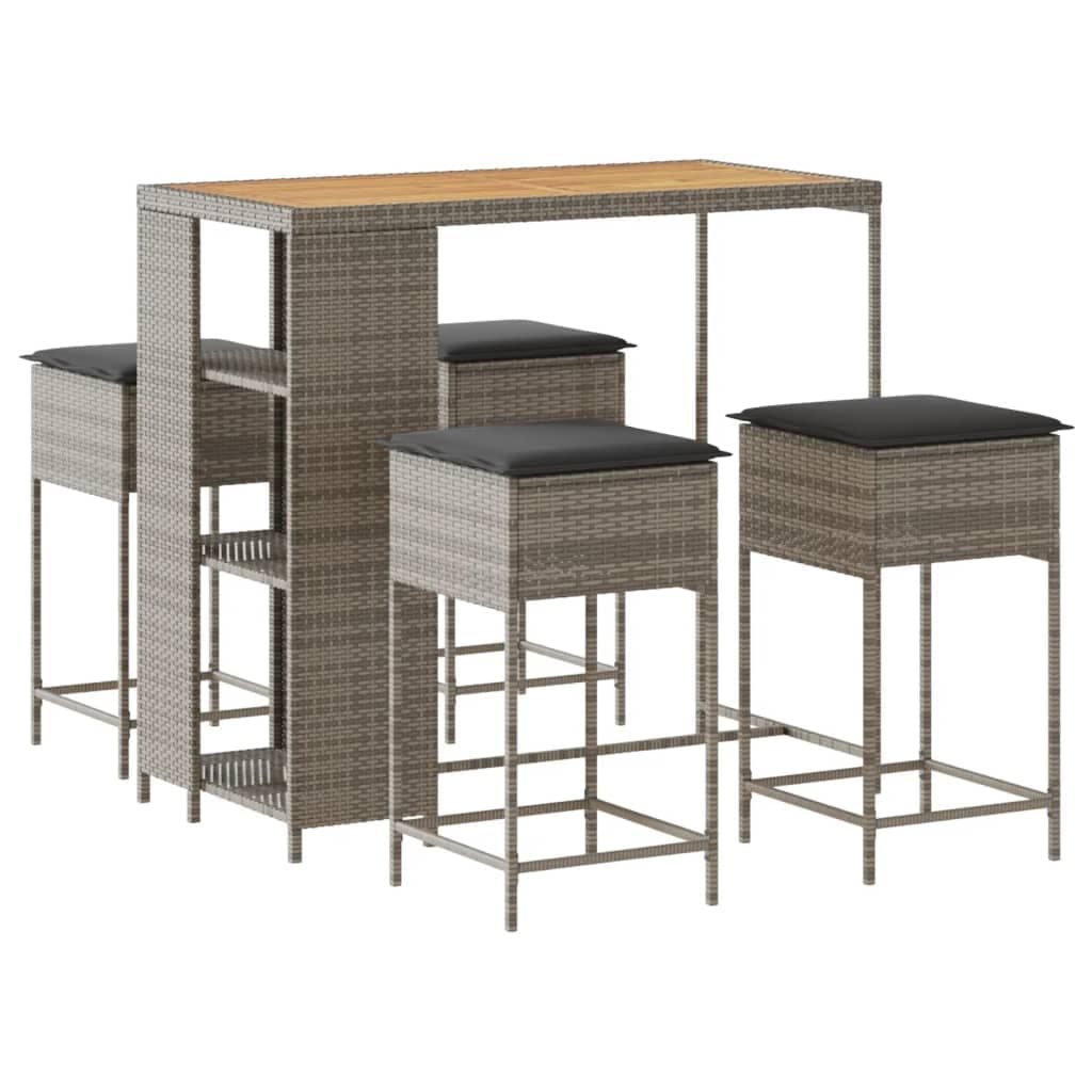 vidaXL 5 pcs conjunto de bar p/ jardim c/ almofadões vime PE cinzento