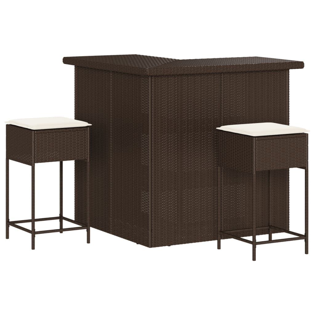 vidaXL 3 Peças Conjunto de Bar para Jardim com Almofadões Vime Pe Castanho - 798517183